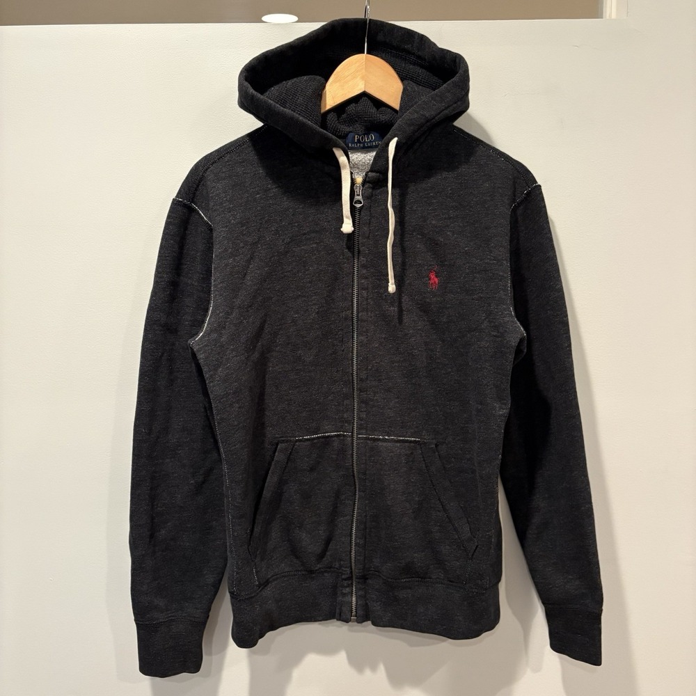 Polo Ralph Lauren Hoodie Mens M Gray Full Zip Sweatshirt Waffle Lined Pony Logo